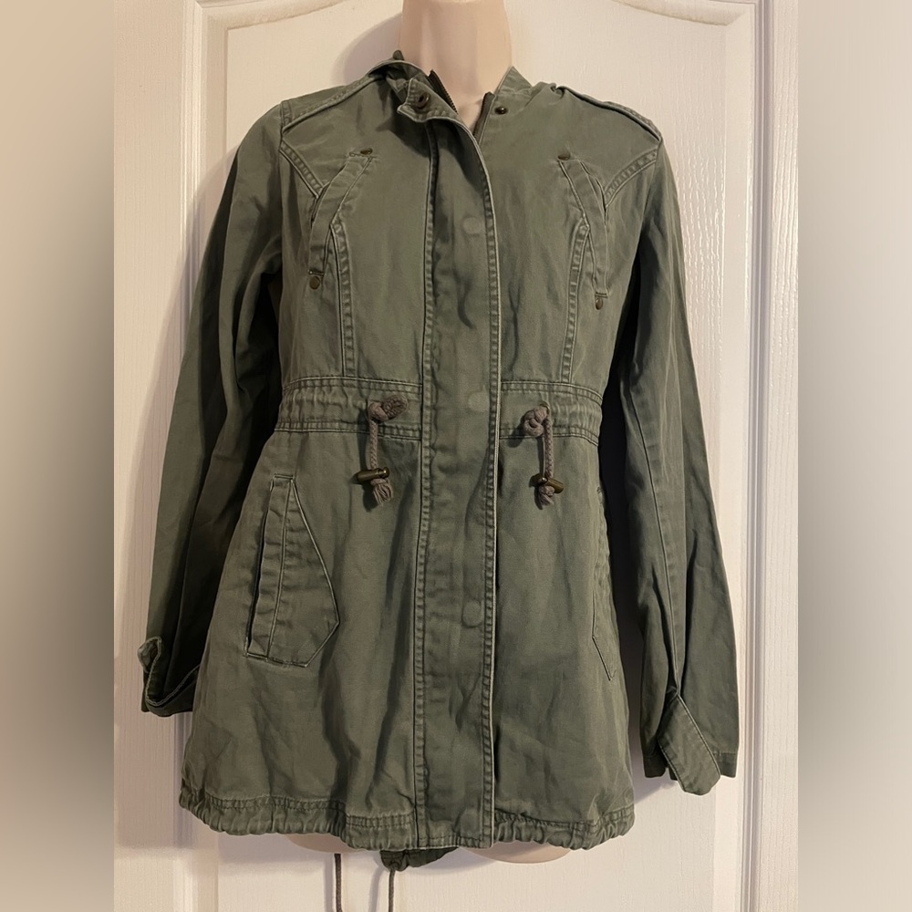 American Rag Utility Anorak Jacket Womens XS Green Hooded Drawstring Waist Army